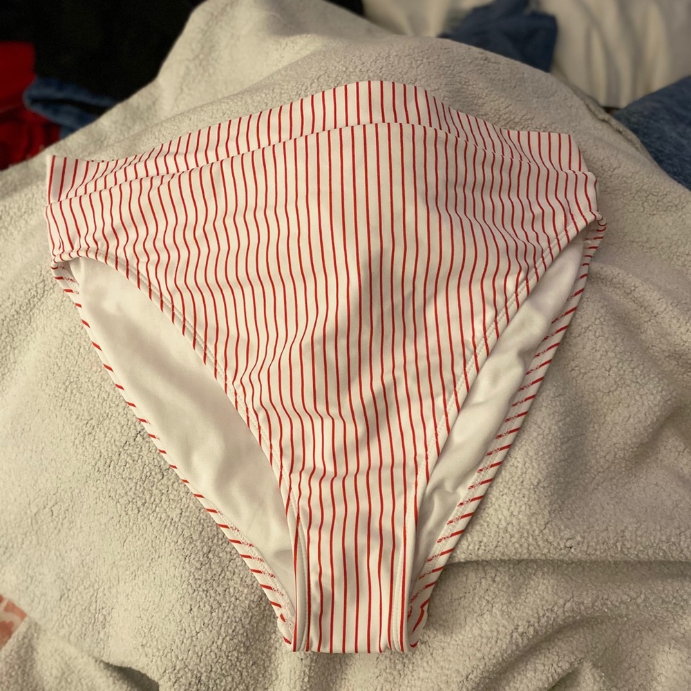 White and red striped high waisted swim bottoms